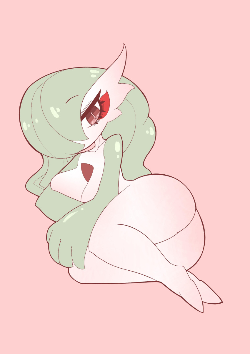absurd_res alternate_hairstyle big_breasts breast_squish breasts butt covering covering_breasts covering_self female gardevoir generation_3_pokemon hi_res hss_dada humanoid looking_at_viewer lying nintendo nude on_side pokemon pokemon_(species) simple_background solo squish thick_thighs