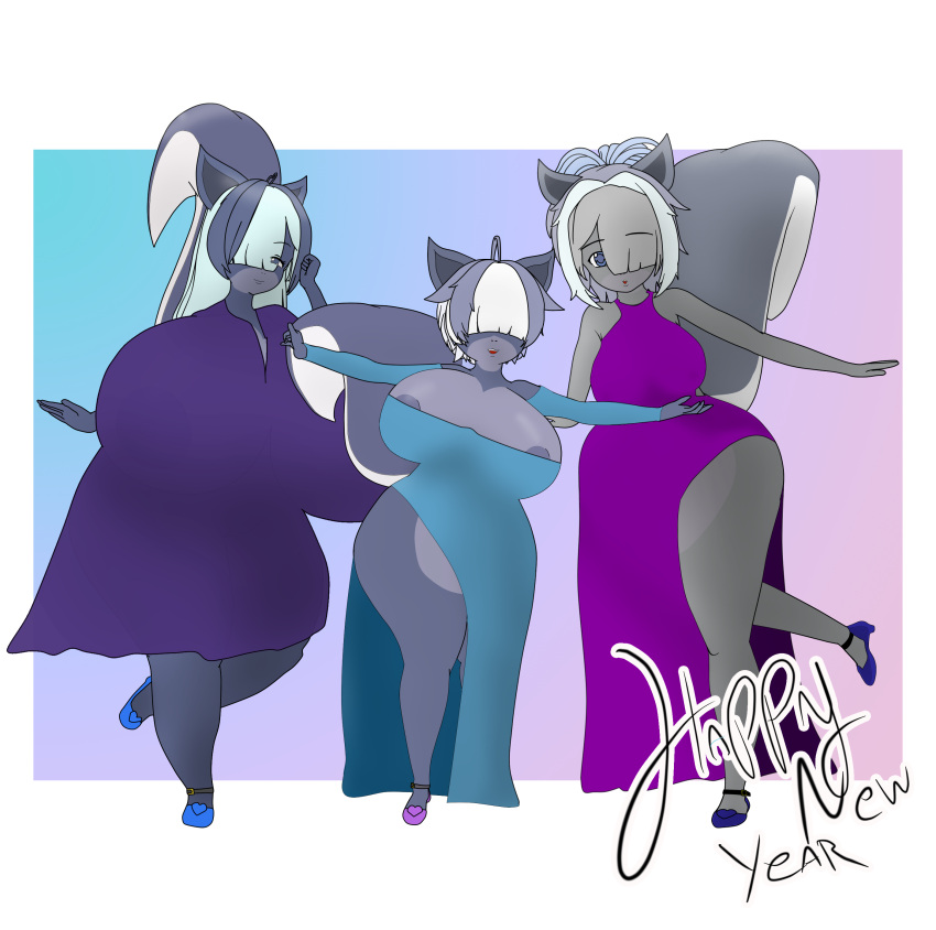 absurd_res alternate_version_at_source anthro areola big_breasts big_butt blue_hair breast_size_difference breasts butt clothed clothing daughter elizabeth_(mrschllyay) family felid feline female fur grey_body grey_fur group hair hair_over_eye hair_over_eyes heel hi_res holidays huge_breasts hybrid lakie_(mrschllyay) mammal mature_female mephitid mother mother_and_child mother_and_daughter mrschllyay new_year one_eye_obstructed parent parent_and_child skunk tail taller_female thick_tail trio valery_(mrschllyay) wide_hips