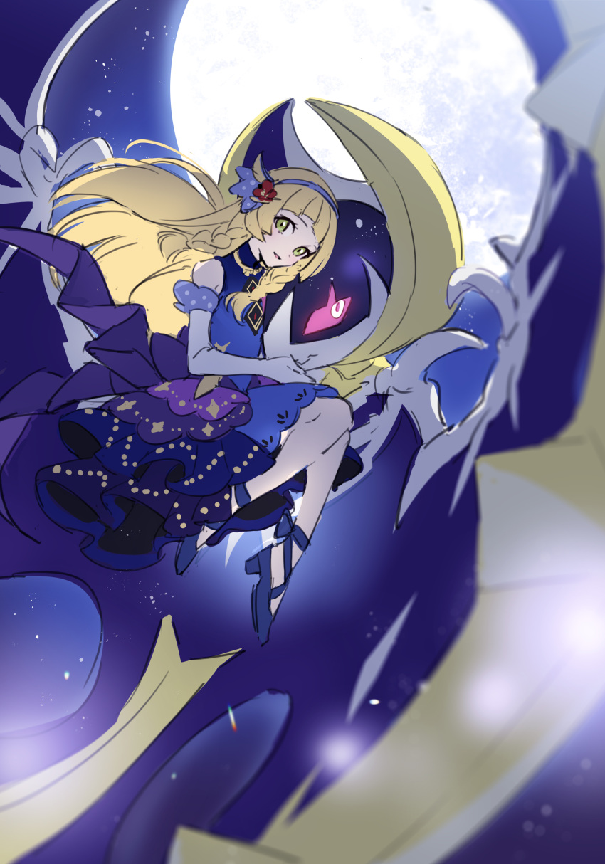 1girl absurdres bangs bare_shoulders blonde_hair blue_dress blue_footwear blunt_bangs braid commentary_request dress elbow_gloves floating_hair flower gloves green_eyes hair_flower hair_ornament hairband high_heels highres lillie_(anniversary_2021)_(pokemon) lillie_(pokemon) long_hair looking_at_viewer lunala moon night official_alternate_costume outdoors pokemon pokemon_(creature) pokemon_(game) pokemon_masters_ex sky twin_braids white_gloves xia_(ryugo)