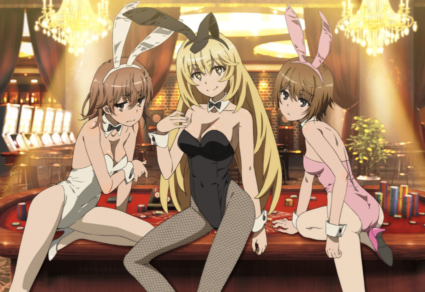 3girls animal_ears arm_support ass bangs bare_shoulders black_bow black_bowtie black_eyes black_hairband black_leotard blonde_hair blush bow bowtie breast_envy breasts brown_eyes brown_hair casino chandelier child cleavage collarbone covered_navel dartboard detached_collar fake_animal_ears female_child fishnet_pantyhose fishnets frown groin hair_between_eyes hairband high_heels highleg highleg_leotard highres hiyamizu_yukie indoors kinuhata_saiai large_breasts legs leotard long_hair looking_at_viewer medium_breasts medium_hair misaka_mikoto multiple_girls official_art pantyhose pink_footwear pink_hairband pink_leotard playboy_bunny poker_chip poker_table pumps rabbit_ears shiny shiny_hair shokuhou_misaki short_hair shoulder_blades small_breasts smile sparkling_eyes strapless strapless_leotard symbol-shaped_pupils table thighs toaru_kagaku_no_railgun toaru_majutsu_no_index very_long_hair white_footwear white_hairband white_leotard wrist_cuffs