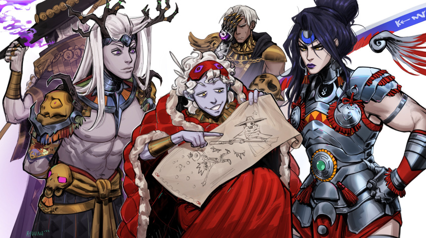 1girl 4boys abs absurdres antlers armor black_hair charon_(hades) dark-skinned_male dark_skin drawing facepalm gauntlets gorget grace_kim_(ryuuna) greek_clothes hades_(series) hades_1 hades_2 hand_on_hip hat highres hypnos_(hades) jewelry mask mask_on_head moros_(hades) multiple_boys muscular muscular_female muscular_male nemesis_(hades) pale_skin parchment pointing purple_eyes purple_lips ring siblings sleep_mask smile smoke sword thanatos_(hades) topless_male weapon white_hair yellow_eyes zagreus_(hades)