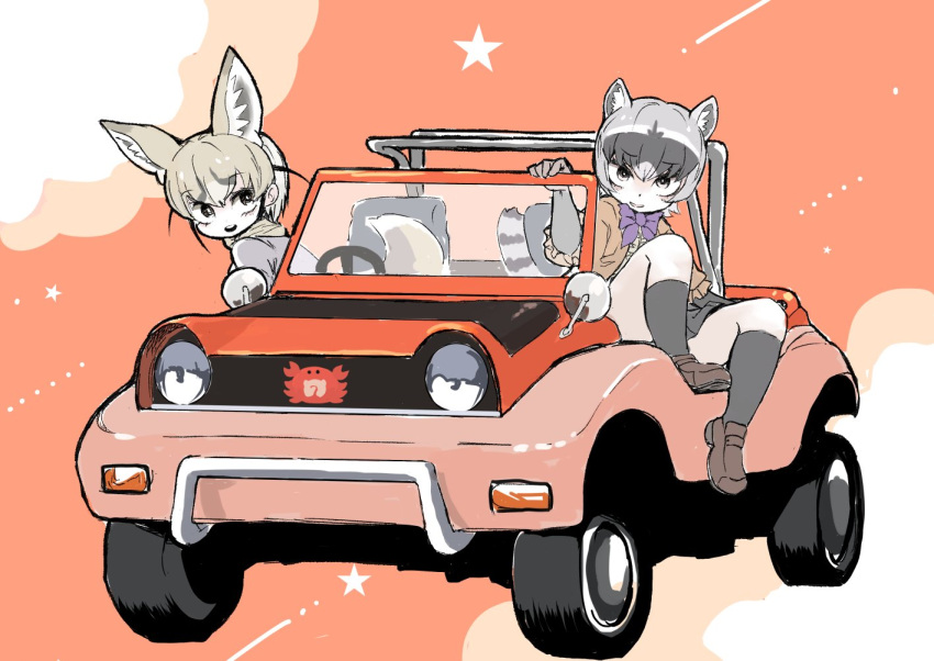 2girls animal_ears bangs black_hair black_socks blouse bow bowtie brown_hair car crab-eating_raccoon_(kemono_friends) dune_buggy extra_ears fox_ears fox_tail gloves grey_hair ground_vehicle japari_symbol kemono_friends kemono_friends_3 knee_up light_brown_hair looking_at_viewer medium_hair motor_vehicle multicolored_hair multiple_girls nenkou-san raccoon_ears raccoon_girl raccoon_tail rueppell's_fox_(kemono_friends) shirt shoes short_hair sitting skirt smile socks steering_wheel tail white_hair