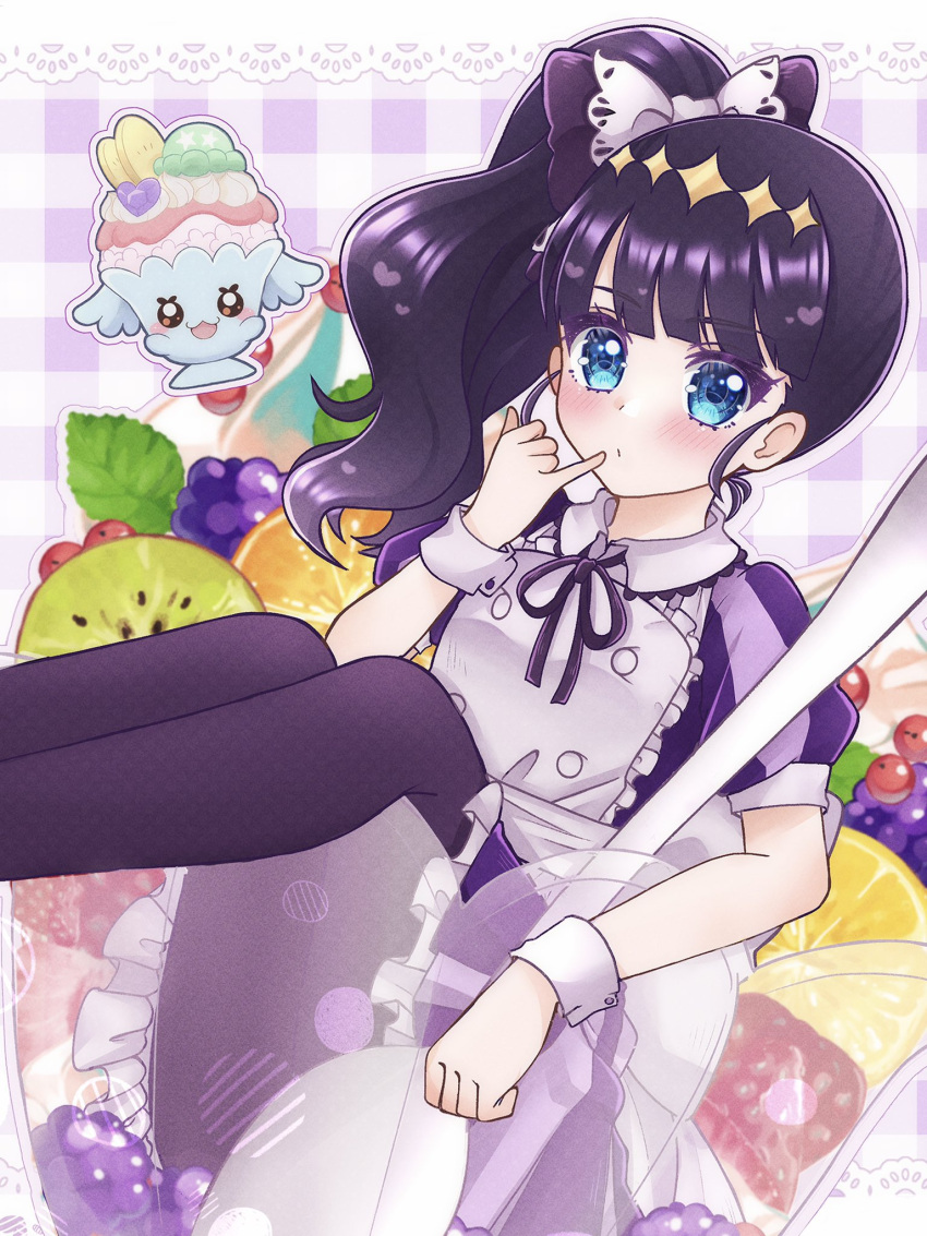 1girl apron bangs black_hair black_pantyhose blue_eyes blunt_bangs blush bow collar commentary delicious_party_precure food frills fruit hair_bow highres kasai_amane long_hair pantyhose parfait parfait_recipipi precure purple_bow purple_hair short_sleeves side_ponytail solo sparkle_hair_ornament umiyuki_(umi_chu) waitress wrist_cuffs