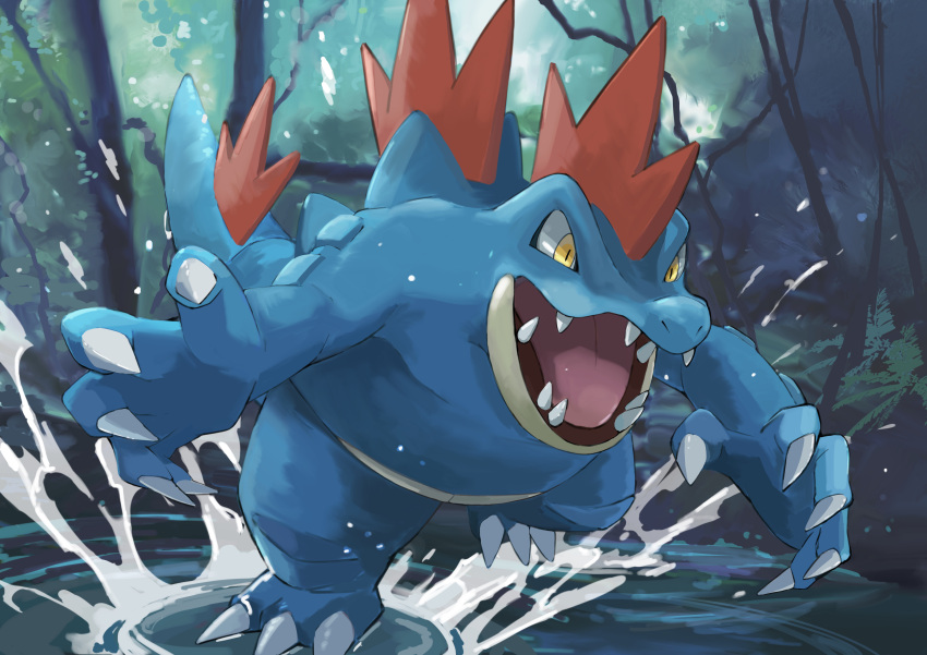 absurdres bare_tree claws commentary_request day feraligatr highres looking_down momota_pix no_humans open_mouth outdoors pokemon pokemon_(creature) ripples sharp_teeth solo teeth tongue tree water yellow_eyes