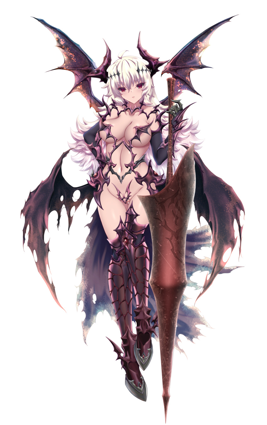 1girl absurdres ahoge akina_t armor armored_boots bangs black_gloves boots breasts cape cleavage commentary_request commission demon_horns demon_wings elbow_gloves faulds full_body gloves hair_between_eyes hair_ornament hand_on_hip hand_up highres horns knight lance large_breasts long_hair looking_at_viewer low_wings multiple_wings navel original parted_lips polearm red_eyes revealing_clothes simple_background skeb_commission solo spikes thigh_boots torn_cape torn_clothes torn_wings vambraces waist_cape weapon white_background wings