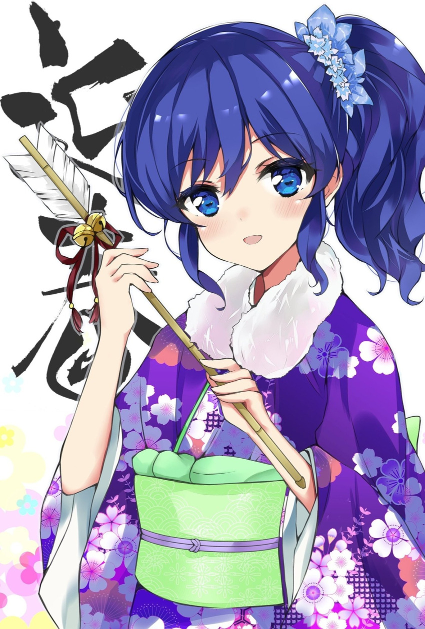 1girl 2023 aikatsu! aikatsu!_(series) arrow_(projectile) bangs blue_eyes blue_hair blush english_commentary floral_print fur_scarf hamaya highres japanese_clothes kawahara_natsuki kimono kiriya_aoi long_hair new_year obi open_mouth print_kimono purple_kimono sash scrunchie side_ponytail smile solo