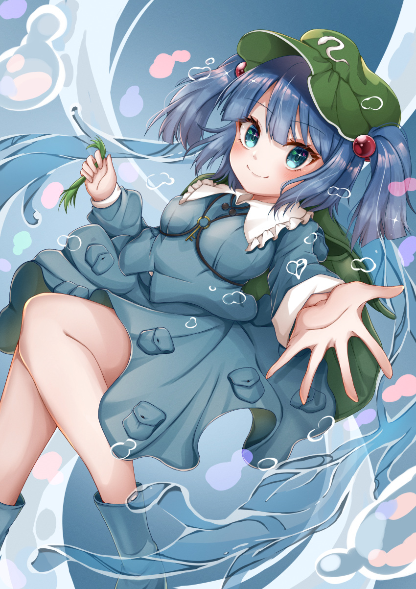 1girl absurdres backpack bag bangs blue_eyes blue_hair blush boots breasts feet_out_of_frame foreshortening frilled_shirt_collar frills gradient gradient_background grass green_headwear hair_bobbles hair_ornament hat highres holding_grass kawashiro_nitori key long_sleeves looking_at_viewer medium_breasts momo-squra-1115 outstretched_arm outstretched_hand pocket reaching_towards_viewer shirt simple_background skirt skirt_set smile solo touhou two_side_up water