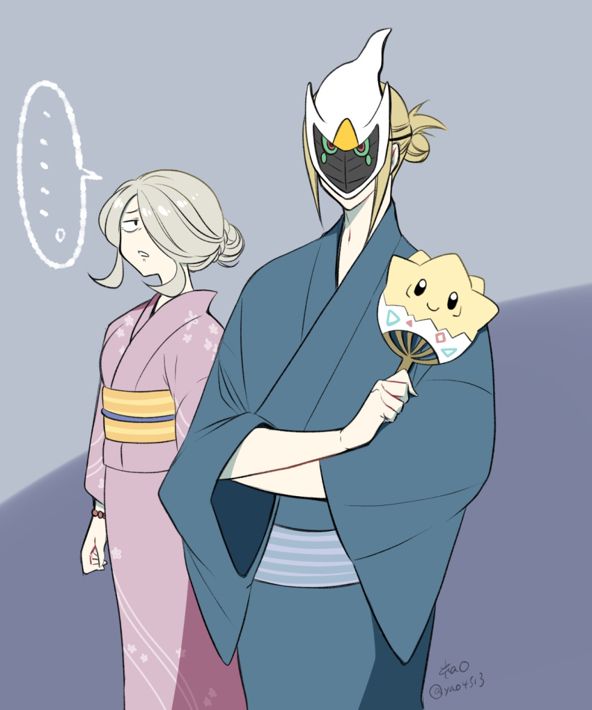 ... 1boy 1girl alternate_costume arceus blonde_hair cogita_(pokemon) commentary_request grey_hair hand_fan highres japanese_clothes kimono looking_at_another mask pokemon pokemon_(game) pokemon_legends:_arceus togepi volo_(pokemon) yao_(evep3835)