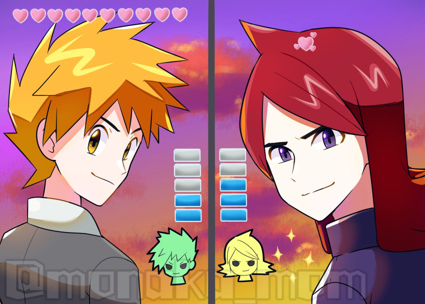 2boys blonde_hair blue_oak closed_mouth cloud commentary_request cowlick grey_jacket heart highres jacket looking_at_viewer looking_back male_focus monaka_mom multiple_boys outdoors pokemon pokemon_(game) pokemon_hgss purple_eyes purple_jacket red_hair short_hair silver_(pokemon) sky smile sparkle spiked_hair split_mouth turtleneck turtleneck_jacket twilight twitter_username watermark