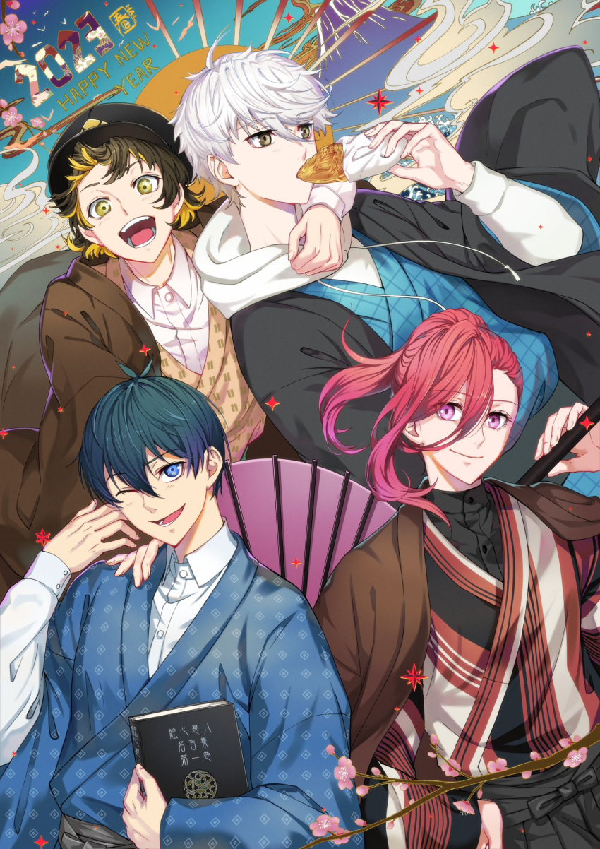 2023 4boys arm_around_neck bachira_meguru black_headwear black_kimono black_shirt blonde_hair blue_eyes blue_hair blue_kimono blue_lock book brown_eyes brown_hair brown_kimono cherry_blossoms chigiri_hyoma collared_shirt cowlick eating food_in_mouth hair_between_eyes halu-ca hand_on_another's_shoulder hand_on_hip happy_new_year hat highres holding holding_book hood hood_down hoodie isagi_yoichi japanese_clothes kimono long_hair long_sleeves looking_at_viewer lower_teeth_only male_focus multicolored_hair multiple_boys nagi_seishirou oil-paper_umbrella one_eye_closed open_mouth ponytail purple_eyes red_hair shirt short_hair signature sparkle streaked_hair striped striped_kimono teeth two-tone_hair umbrella upper_body volcano white_hair white_hoodie white_shirt yellow_eyes