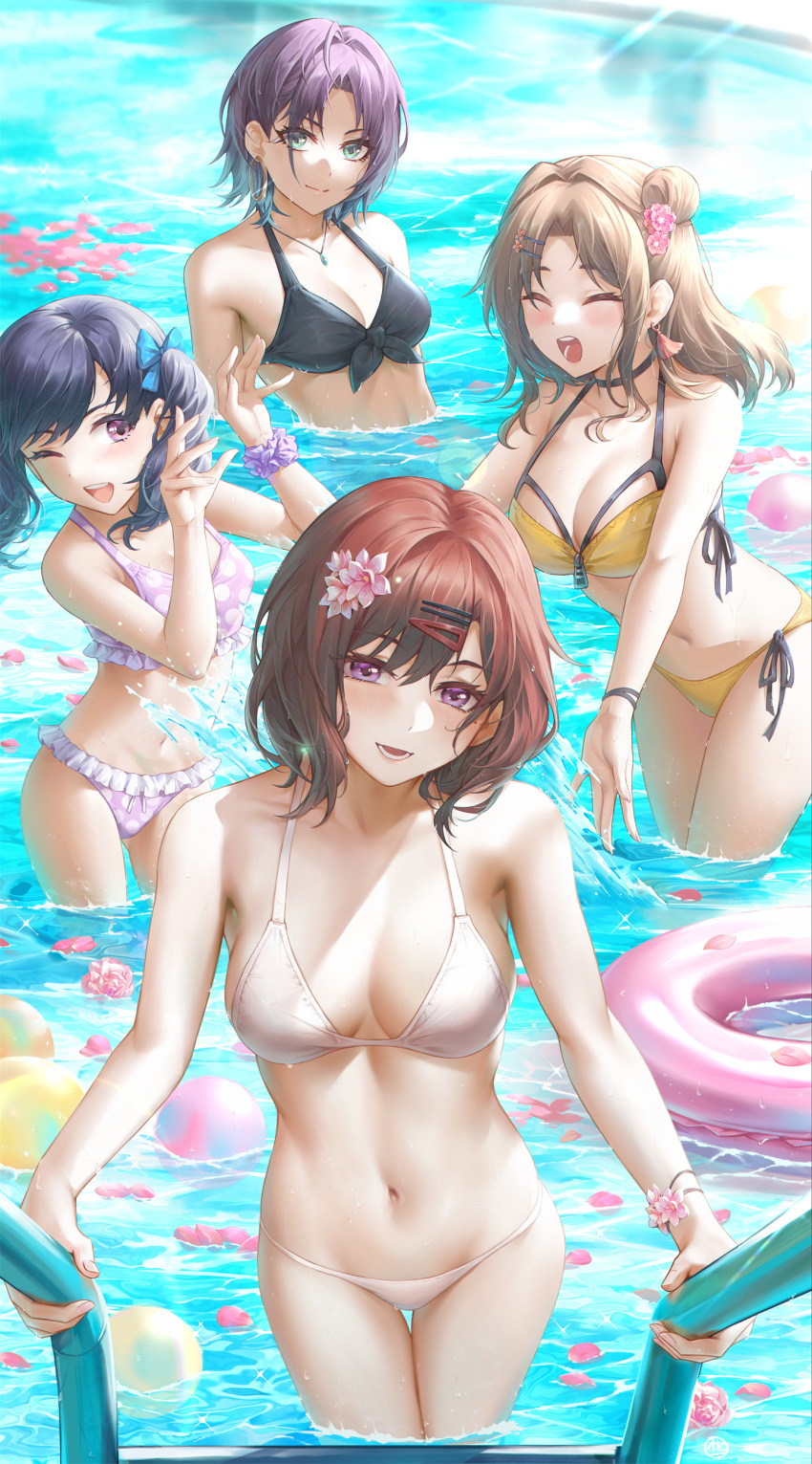 4girls :d ;d absurdres asakura_toru bangs bikini black_bikini black_hair breasts brown_hair cleavage closed_eyes closed_mouth earrings flower frilled_bikini frills front-tie_bikini_top front-tie_top fukumaru_koito green_eyes hair_bun hair_flower hair_ornament hairclip highres higuchi_madoka hoop_earrings hua-j ichikawa_hinana idolmaster idolmaster_shiny_colors innertube jewelry large_breasts long_hair looking_at_viewer medium_breasts medium_hair multiple_girls navel one_eye_closed parted_bangs partially_submerged petals petals_on_liquid pink_bikini pink_flower polka_dot polka_dot_bikini pool pool_ladder purple_eyes purple_hair side-tie_bikini_bottom smile splashing stomach swimsuit twintails water white_bikini yellow_bikini