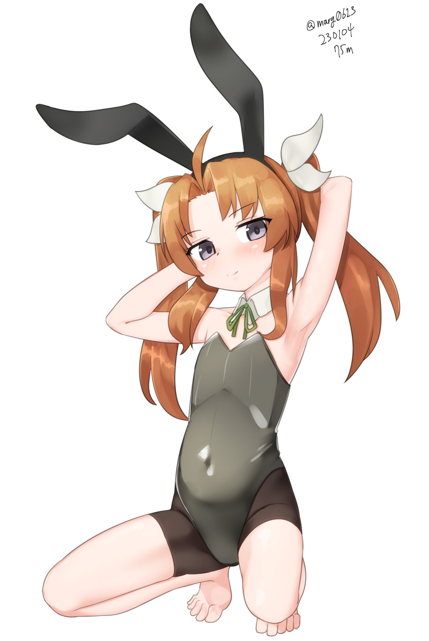 1girl absurdres adapted_costume ahoge animal_ears arms_behind_head barefoot bike_shorts black_leotard brown_hair dated detached_collar flat_chest green_ribbon grey_eyes hair_ribbon highres kagerou_(kancolle) kantai_collection leotard maru_(marg0613) neck_ribbon one-hour_drawing_challenge playboy_bunny rabbit_ears ribbon simple_background solo squatting strapless strapless_leotard toes trait_connection twintails twitter_username white_background