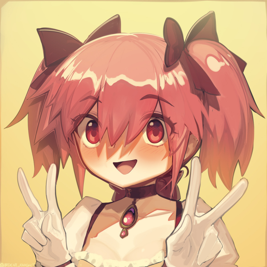 1girl :d bangs black_bow blush boa_(brianoa) bow breasts brooch choker cleavage collarbone commentary double_v english_commentary gloves hair_bow hands_up highres jewelry kaname_madoka looking_at_viewer mahou_shoujo_madoka_magica open_mouth pink_hair portrait red_eyes shadow short_hair short_twintails simple_background smile solo square_neckline twintails twitter_username v white_gloves yellow_background