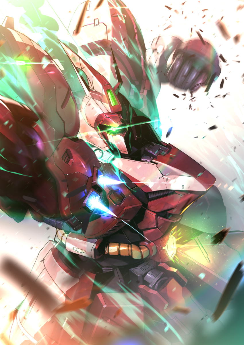 char's_counterattack clenched_hand commentary glowing glowing_eye green_eyes gundam highres kuri_giepi looking_at_viewer mecha mobile_suit motion_blur no_humans one-eyed punching robot sazabi solo