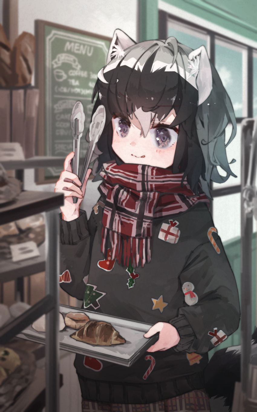 1girl animal_ears black_hair blush brown_skirt common_raccoon_(kemono_friends) croissant food grey_eyes grey_hair grey_sweater highres kemono_friends long_sleeves multicolored_hair nanana_(nanana_iz) plaid plaid_scarf plaid_skirt raccoon_ears raccoon_girl raccoon_tail red_scarf scarf short_hair skirt solo sweater tail tongs two-tone_hair