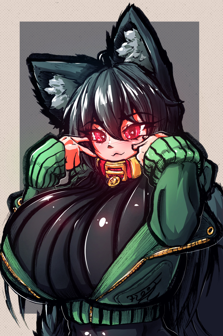 1girl absurdres ahoge among_us animal_ears black_hair blush breasts collar commentary_request floofsmear fox_ears fox_girl fox_tail glowing glowing_eyes hair_between_eyes hand_up highres huge_breasts jacket large_breasts long_hair long_sleeves looking_at_viewer md5_mismatch open_clothes open_jacket original pale_skin red_collar red_eyes resolution_mismatch self_upload simple_background smile solo source_smaller tail