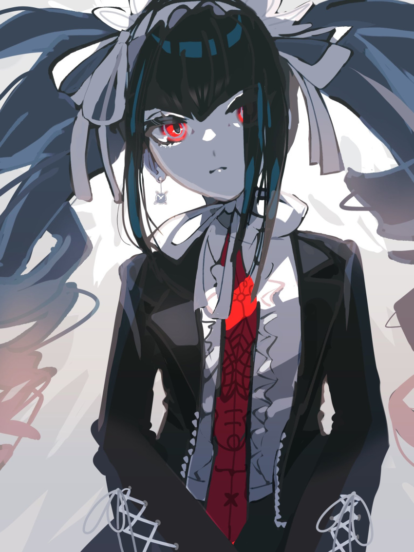 1girl bangs black_hair bonnet celestia_ludenberg center_frills closed_mouth danganronpa:_trigger_happy_havoc danganronpa_(series) drill_hair earrings frills gothic_lolita highres jacket jewelry kata_tsumurou lolita_fashion long_hair long_sleeves looking_at_viewer necktie open_clothes open_jacket red_eyes red_necktie shirt solo twin_drills twintails white_shirt