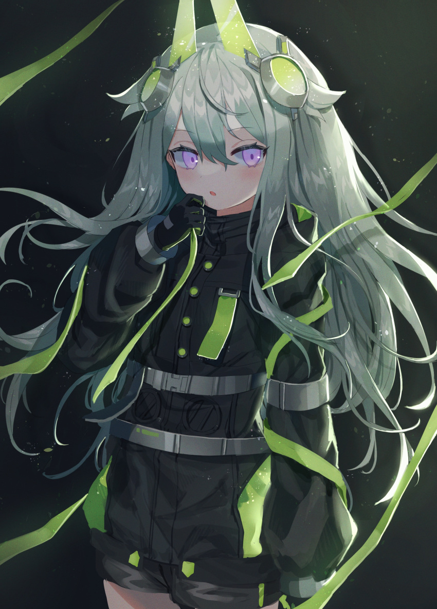 1girl absurdres armband bangs belt black_gloves black_jacket black_shorts buttons close_game/offline_(project_sekai) fuinagi_(huyuu_mm) gloves green_gloves green_hair highres jacket kusanagi_nene long_hair long_sleeves mechanical_ears project_sekai puffy_long_sleeves puffy_sleeves purple_eyes shorts sidelocks solo tag two-tone_gloves