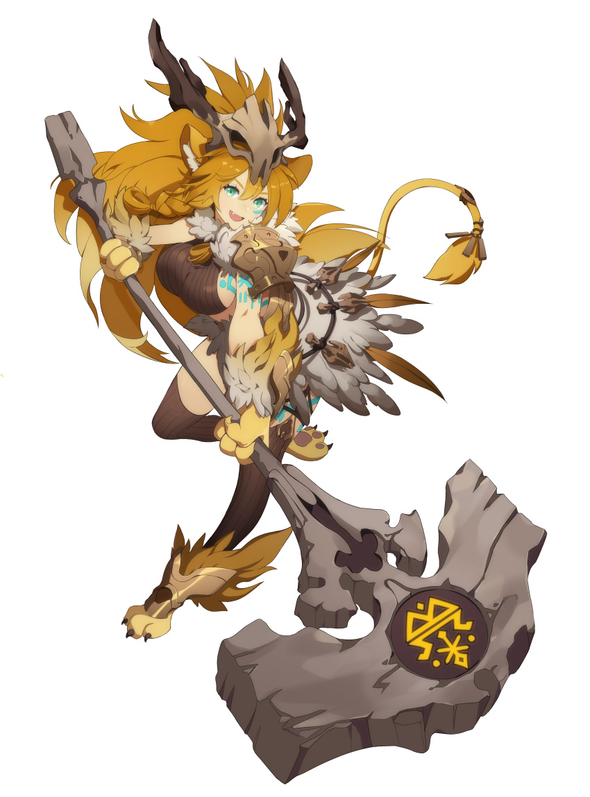 1girl absurdres aira_(eversoul) animal_ears animal_feet animal_hands animal_skull arm_tattoo armor body_fur braid breasts brown_hair brown_thighhighs chest_tattoo eversoul facial_tattoo fang feathers fur game_cg green_eyes headdress highres holding holding_weapon large_breasts leg_tattoo lion_ears lion_girl lion_tail long_hair looking_at_viewer official_art pauldrons ribbed_shirt shirt shoulder_armor sideboob single_braid single_pauldron tail tattoo thighhighs transparent_background tribal war_hammer weapon wrist_guards