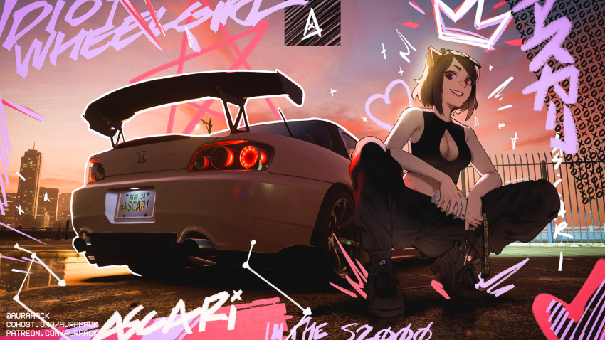 1girl 3d_background animal_ears ascari_megane_(aurahack) aurahack avatar_(ff14) bandaid bandaid_on_face bandaid_on_nose black_footwear black_pants black_shirt breasts brown_hair car cat_ears cellphone cleavage cleavage_cutout clothing_cutout crop_top english_commentary eyewear_on_head final_fantasy final_fantasy_xiv full_body game_screenshot_background grin ground_vehicle highres holding holding_phone honda honda_s2000 key medium_breasts midriff miqo'te mole mole_under_eye motor_vehicle need_for_speed outline pants phone red_eyes shirt shoes short_hair sleeveless smartphone smile sneakers solo squatting sunglasses white_outline