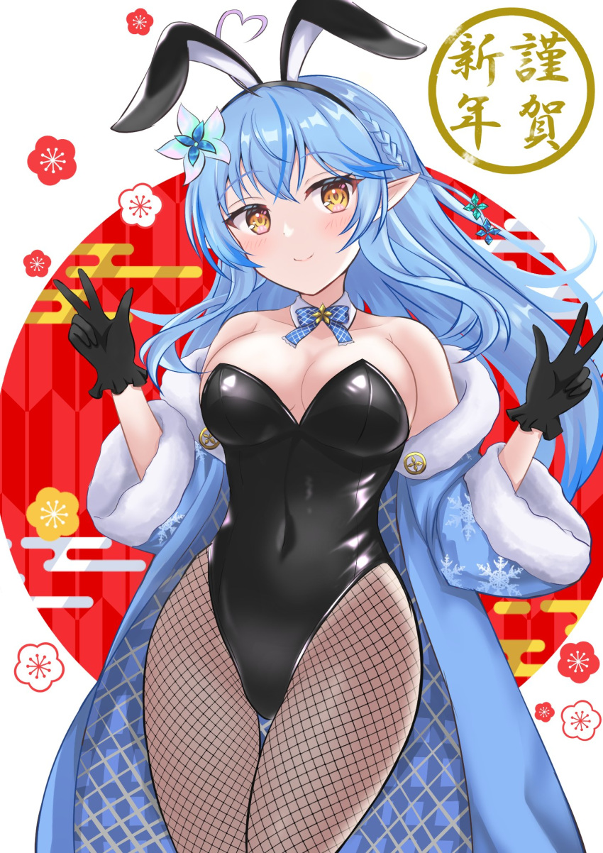 1girl animal_ears arlonn black_gloves blue_hair blue_jacket breasts cleavage covered_navel detached_collar double_w english_commentary fishnet_pantyhose fishnets flower gloves hair_flower hair_ornament highres hololive jacket large_breasts long_hair off_shoulder pantyhose playboy_bunny pointy_ears rabbit_ears smile solo virtual_youtuber w yellow_eyes yukihana_lamy