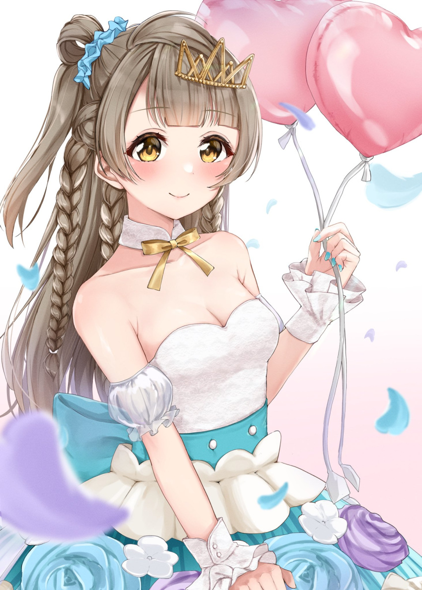 1girl alternate_costume alternate_hairstyle aqua_nails balloon bare_shoulders blush bow bowtie braid breasts brown_eyes brown_hair cleavage closed_mouth detached_collar detached_sleeves fingernails highres holding holding_balloon long_hair looking_at_viewer love_live! love_live!_school_idol_project medium_breasts minami_kotori multiple_braids nail_polish one_side_up puffy_detached_sleeves puffy_short_sleeves puffy_sleeves shirt short_sleeves side_braid single_hair_ring skirt skirt_set smile solo strapless strapless_shirt tiara white_skirt wrist_cuffs yellow_bow yellow_bowtie yoshinon_(yoshinon_kotori)