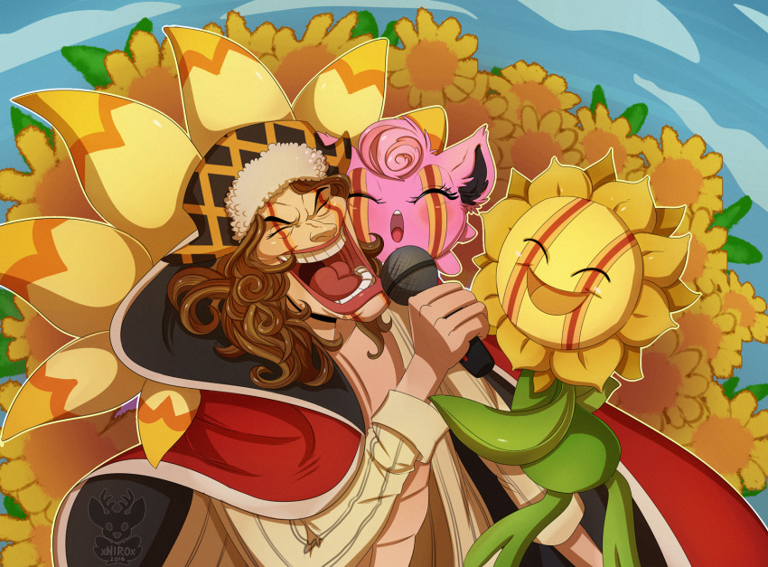 1boy 2others brown_hair cape closed_eyes commentary crossover diamante english_commentary eyelashes field flower flower_field fur_trim highres holding holding_microphone jigglypuff long_sleeves makeup medium_hair microphone multiple_others music one_piece open_clothes open_mouth pokemon pokemon_(creature) red_cape shirt signature singing smile striped striped_shirt sunflora sunflower teeth tongue xnirox
