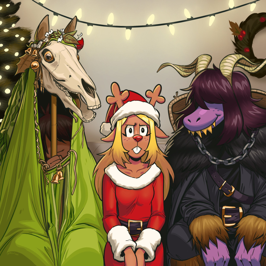 1other 2girls absurdres angusburgers animal_skull antlers antlers_through_headwear belt breasts buck_teeth chain christmas christmas_tree colored_skin costume deltarune dress english_commentary fake_horns hat highres hobby_horse horns indoors krampus kris_(deltarune) lights mari_lwyd multiple_girls noelle_holiday purple_skin red_dress reindeer_antlers reindeer_girl santa_dress santa_hat sharp_teeth susie_(deltarune) teeth