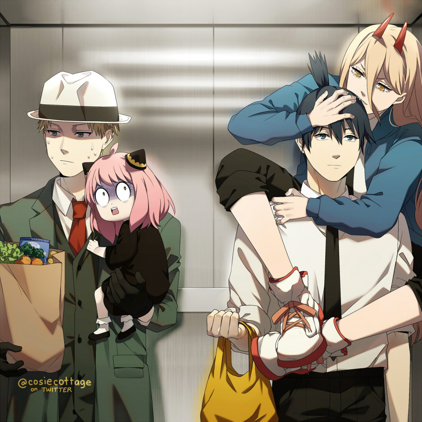 2boys 2girls ahoge anya_(spy_x_family) bag bangs biting black_hair black_necktie blonde_hair carrying carrying_person chainsaw_man collared_shirt cosiecottage crossover elevator female_child hat hayakawa_aki head_biting highres holding holding_bag horns jacket leg_lock long_hair looking_at_another multiple_boys multiple_girls necktie pink_hair power_(chainsaw_man) red_necktie season_connection shaded_face shirt short_hair sleeves_rolled_up spy_x_family surprised twilight_(spy_x_family) watermark