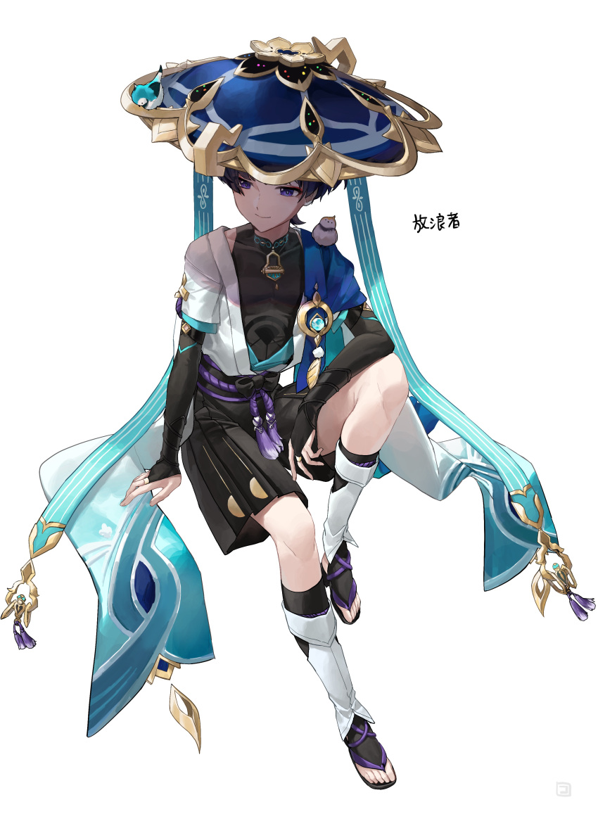 1boy absurdres animal_on_shoulder armor bird bird_on_shoulder black_shorts coppepan elbow_on_knee eyeshadow genshin_impact hat highres japanese_armor jingasa knee_up kote looking_to_the_side makeup male_focus red_eyeshadow sandals scaramouche_(genshin_impact) shorts simple_background toeless_footwear toes vision_(genshin_impact) wanderer_(genshin_impact) white_background