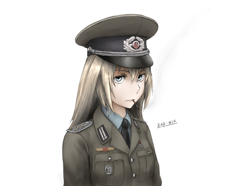 1girl artist_name badge bangs black_headwear black_necktie cigarette cold_war collar_tabs collared_shirt commentary communism epaulettes feldgrau german_commentary grey_headwear grey_jacket hair_between_eyes hat hat_ornament highres insignia jacket long_hair looking_up military military_jacket military_uniform mouth_hold multicolored_clothes multicolored_headwear nationale_volksarmee necktie nva_uniform officer original peaked_cap pocket sanpaku shirt simple_background smoke smoking soldier solo two-tone_headwear uniform upper_body white_background white_hair white_shirt yellow_eyes zap-nik