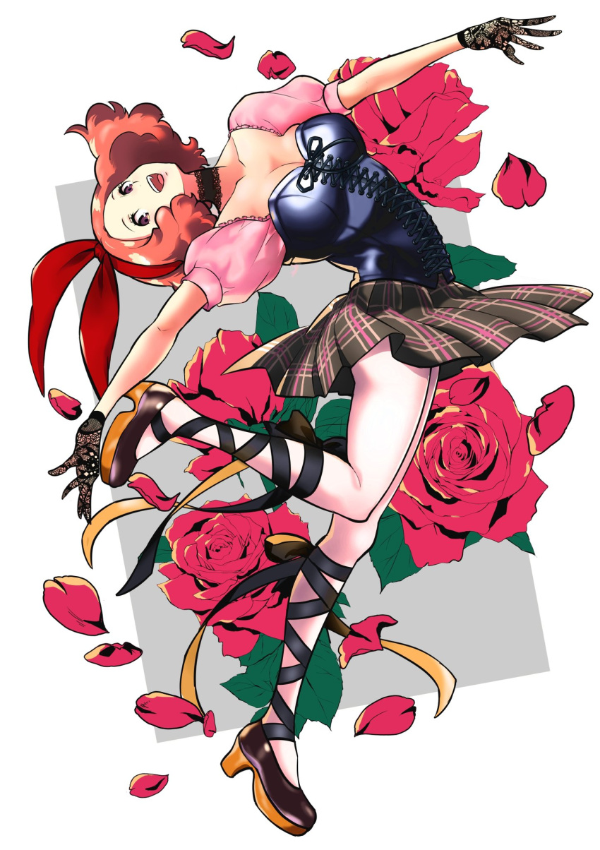 1girl :d black_choker breasts brown_eyes brown_hair choker commentary_request flower full_body gloves hair_ribbon highres ito_(daisukidanchi) looking_at_viewer okumura_haru open_mouth pantyhose persona persona_5 persona_5:_dancing_star_night red_flower red_ribbon red_rose ribbon rose short_hair skirt smile solo standing standing_on_one_leg