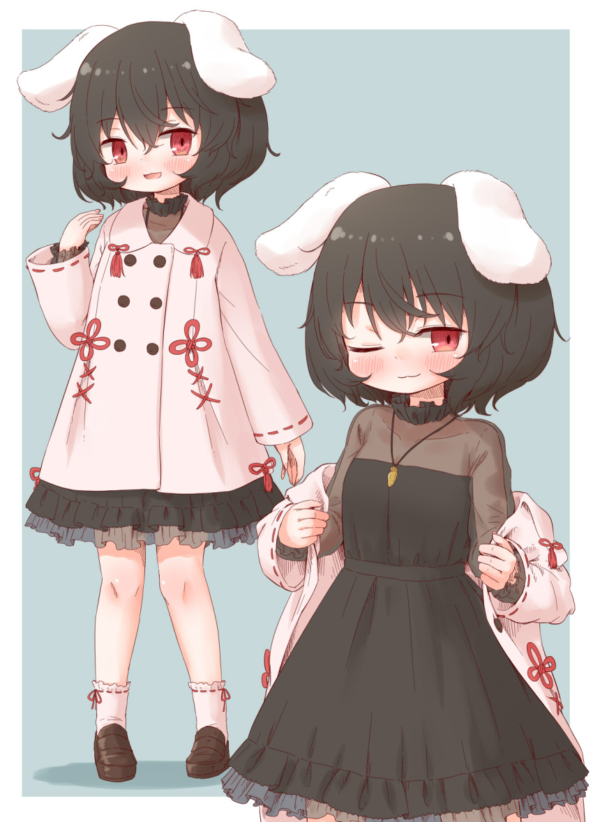 1girl :d ;) adapted_costume alternate_costume animal_ears arinu black_hair blush carrot_necklace dress highres inaba_tewi jewelry looking_at_viewer multiple_views necklace one_eye_closed petite pigeon-toed rabbit_ears red_eyes ribbon_trim see-through shoes short_hair simple_background smile socks touhou