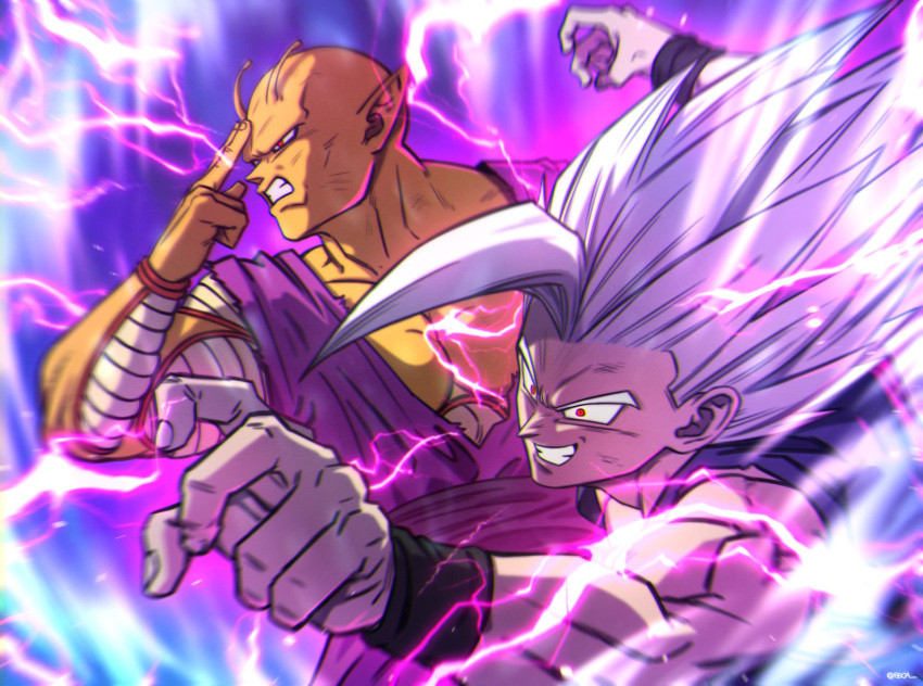 2boys antennae aura blurry clenched_teeth colored_skin crazy_eyes crazy_grin crazy_smile dougi dragon_ball dragon_ball_super dragon_ball_super_super_hero electricity fecaa gohan_beast grey_eyes grin highres makankousappou male_focus multiple_boys muscular muscular_male orange_piccolo orange_skin piccolo red_eyes smile son_gohan teeth wristband