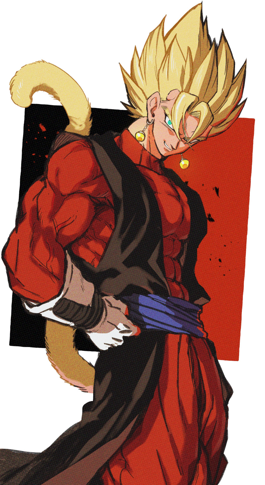 1boy absurdres baggy_pants biceps black_vest blonde_hair blue_sash covered_abs covered_collarbone cowboy_shot dragon_ball dragon_ball_heroes earrings gloves green_eyes hair_between_eyes highres jewelry long_sleeves looking_at_viewer male_focus monkey_tail multicolored_background muscular muscular_male open_clothes open_vest pants parted_lips pectorals potara_earrings red_pants red_shirt relio_db318 sash shirt simple_background smile smirk solo spiked_hair standing super_saiyan super_saiyan_1 tail v-shaped_eyebrows vegetto vegetto_(xeno) veins vest white_background white_gloves