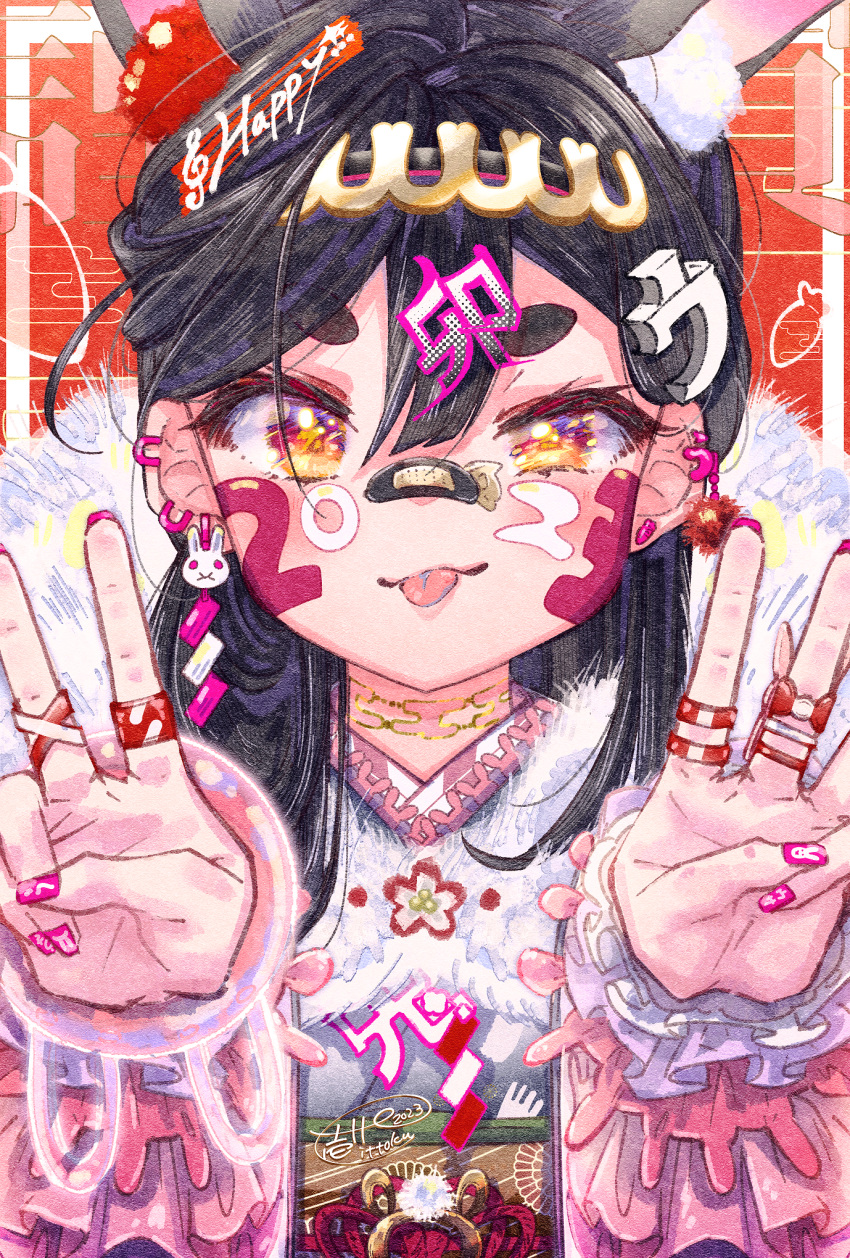 1girl :p animal_ear_fluff animal_ears background_text bangs chinese_zodiac closed_mouth commentary_request egasumi eyebrows_hidden_by_hair finger_counting fur_collar hair_between_eyes hair_ornament highres ittokyu japanese_clothes kimono long_sleeves nail_art obi original rabbit_ears red_eyes sash short_eyebrows smile solo thick_eyebrows tongue tongue_out upper_body white_kimono year_of_the_rabbit