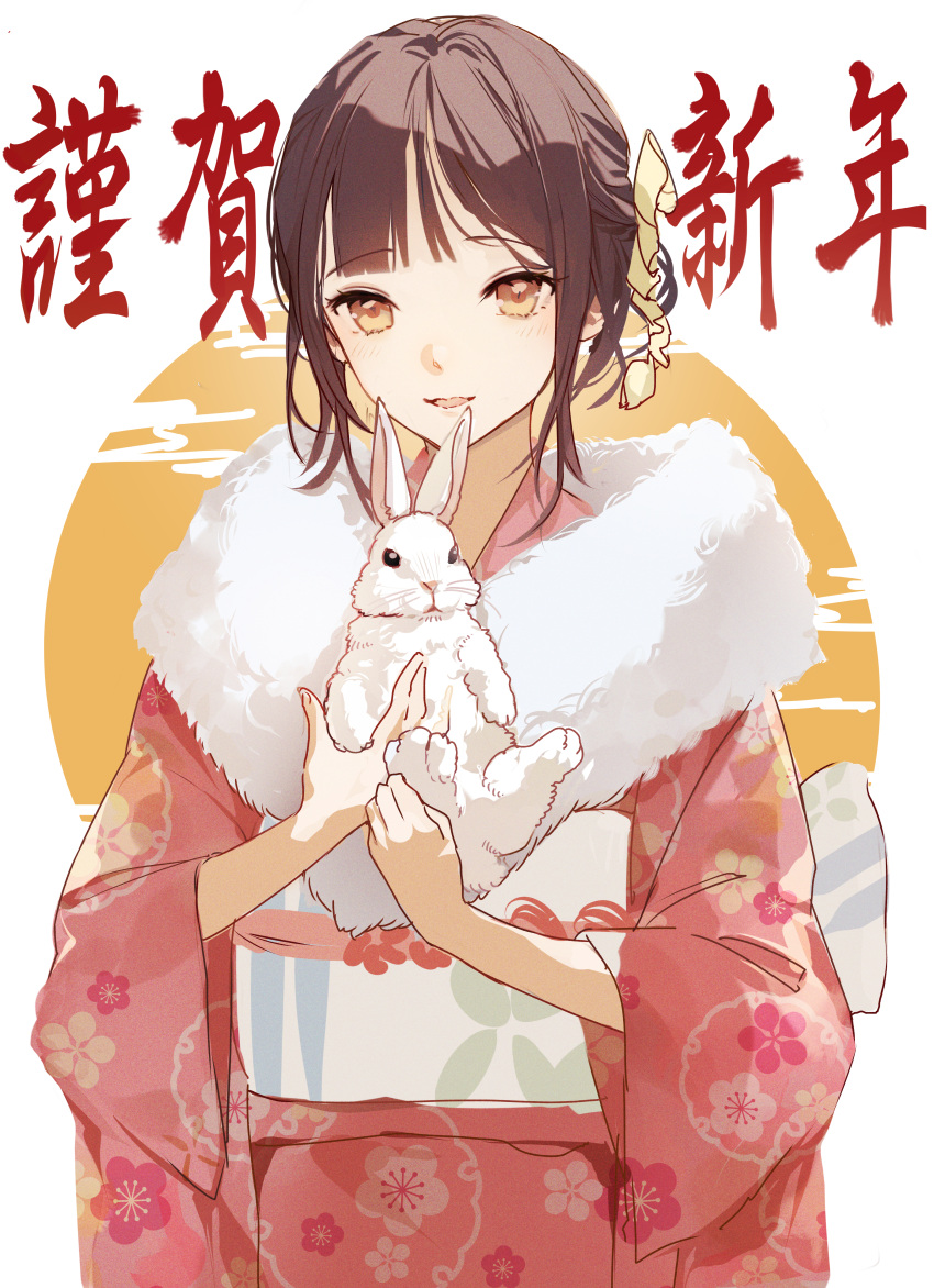 1girl 2023 absurdres animal bangs blush brown_eyes brown_hair chinese_zodiac commentary egasumi floral_print fur_scarf highres holding holding_animal holding_bunny japanese_clothes kimono long_sleeves looking_at_viewer matsunaga777 obi original parted_lips pink_kimono print_kimono rabbit sash scarf sidelocks sketch smile solo translation_request upper_body white_background white_rabbit_(animal) white_scarf wide_sleeves year_of_the_rabbit