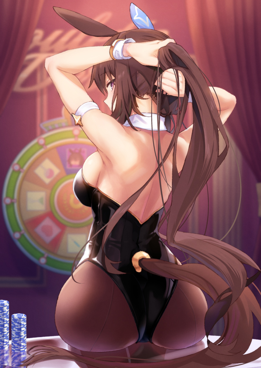 1girl adjusting_hair admire_vega_(umamusume) alternate_costume animal_ears armpits ass backless_outfit brown_hair casino_card_table commentary_request highres horse_ears horse_girl horse_tail long_hair looking_at_viewer playboy_bunny poker_chip ponytail solo starheart table tail umamusume