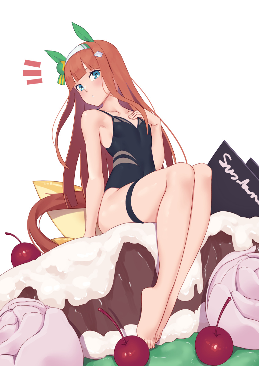 1girl animal_ears bangs bare_arms bare_legs bare_shoulders barefoot black_one-piece_swimsuit blue_eyes brown_hair casual_one-piece_swimsuit cherry commentary english_commentary feet food fruit hairband highres horse_ears horse_girl horse_tail in_food jilu legs long_hair looking_at_viewer notice_lines one-piece_swimsuit parted_lips silence_suzuka_(umamusume) simple_background sitting solo swimsuit tail thigh_strap toes umamusume very_long_hair white_background white_hairband