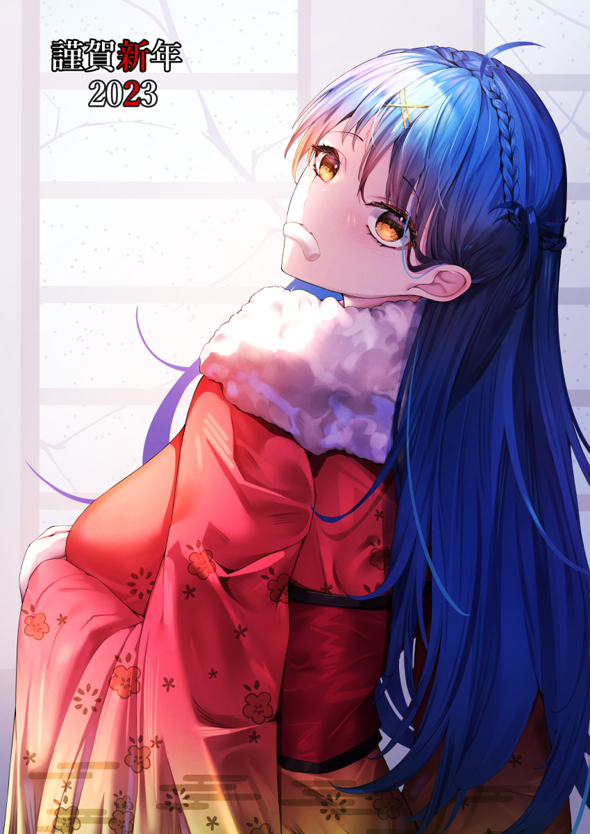 1girl 2023 absurdres bangs blue_hair blush braid breasts commentary from_side fur-trimmed_kimono fur_trim happy_new_year highres japanese_clothes kimono long_hair looking_at_viewer medium_breasts misa_pika mouth_hold new_year orange_eyes original red_kimono simple_background solo upper_body