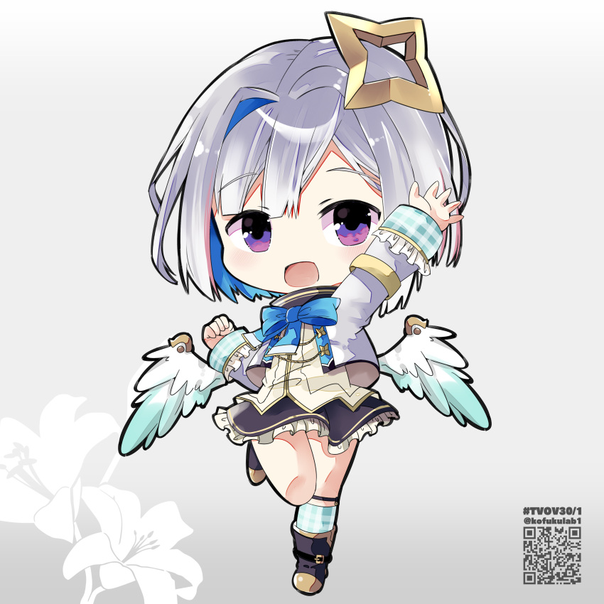 1girl :d absurdres amane_kanata arm_up black_footwear black_skirt blue_bow blue_hair blue_socks blue_wings bow chibi commentary_request cropped_jacket feathered_wings frilled_skirt frilled_sleeves frills full_body gradient gradient_background grey_background grey_hair grey_jacket highres hololive jacket long_sleeves looking_at_viewer low_wings multicolored_hair open_clothes open_jacket plaid plaid_legwear plaid_socks purple_eyes qr_code shirt single_hair_intake skirt smile socks solo standing standing_on_one_leg twitter_username two-tone_hair virtual_youtuber white_shirt white_wings wings yamaguchi_shinnosuke