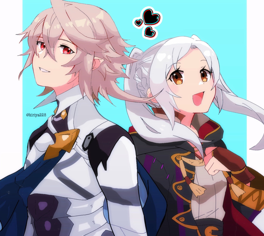 1boy 1girl armor back-to-back bangs black_robe blue_background border bridal_gauntlets brown_eyes brown_gloves commentary_request corrin_(fire_emblem) corrin_(fire_emblem)_(male) fire_emblem fire_emblem_awakening fire_emblem_fates gloves grey_hair grey_shirt grin hair_between_eyes heart highres hood hood_down hooded_robe kiriya_(552260) letterboxed long_hair looking_at_viewer open_clothes open_mouth open_robe pointy_ears red_eyes robe robin_(fire_emblem) robin_(fire_emblem)_(female) shirt short_hair simple_background smile twintails twitter_username white_border white_hair