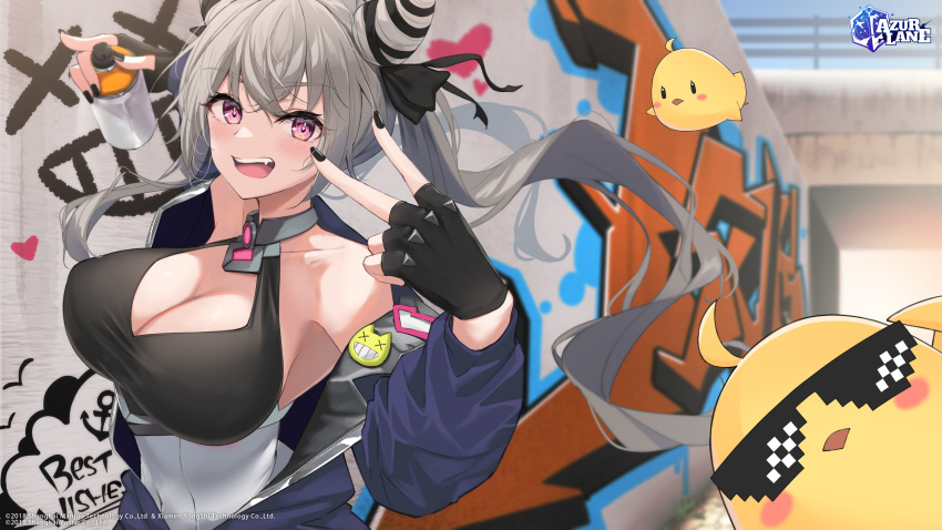 1girl absurdres anchor_symbol azur_lane black_gloves black_nails black_ribbon blue_jacket blush bottle breasts cleavage cleavage_cutout clothing_cutout commentary cone_hair_bun copyright_name covered_navel english_commentary fang fingerless_gloves gloves graffiti grey_hair hair_bun hair_ribbon highres holding holding_bottle jacket large_breasts logo long_hair long_sleeves looking_at_viewer manjuu_(azur_lane) meme_attire mirea official_art open_clothes open_jacket open_mouth partially_unzipped purple_eyes ribbon san_francisco_(azur_lane) second-party_source smile solo spray_bottle spray_paint sunglasses teeth twintails upper_body upper_teeth_only v watermark