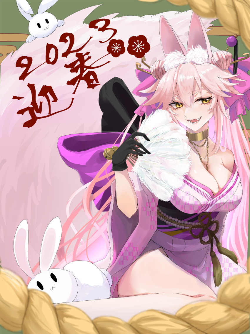1girl 2023 absurdres animal_ears breasts cleavage fate/grand_order fate_(series) fox_ears fox_tail highres kate_(shootingstar) koyanskaya_(fate) large_breasts pink_hair rabbit solo tail tamamo_(fate) yellow_eyes