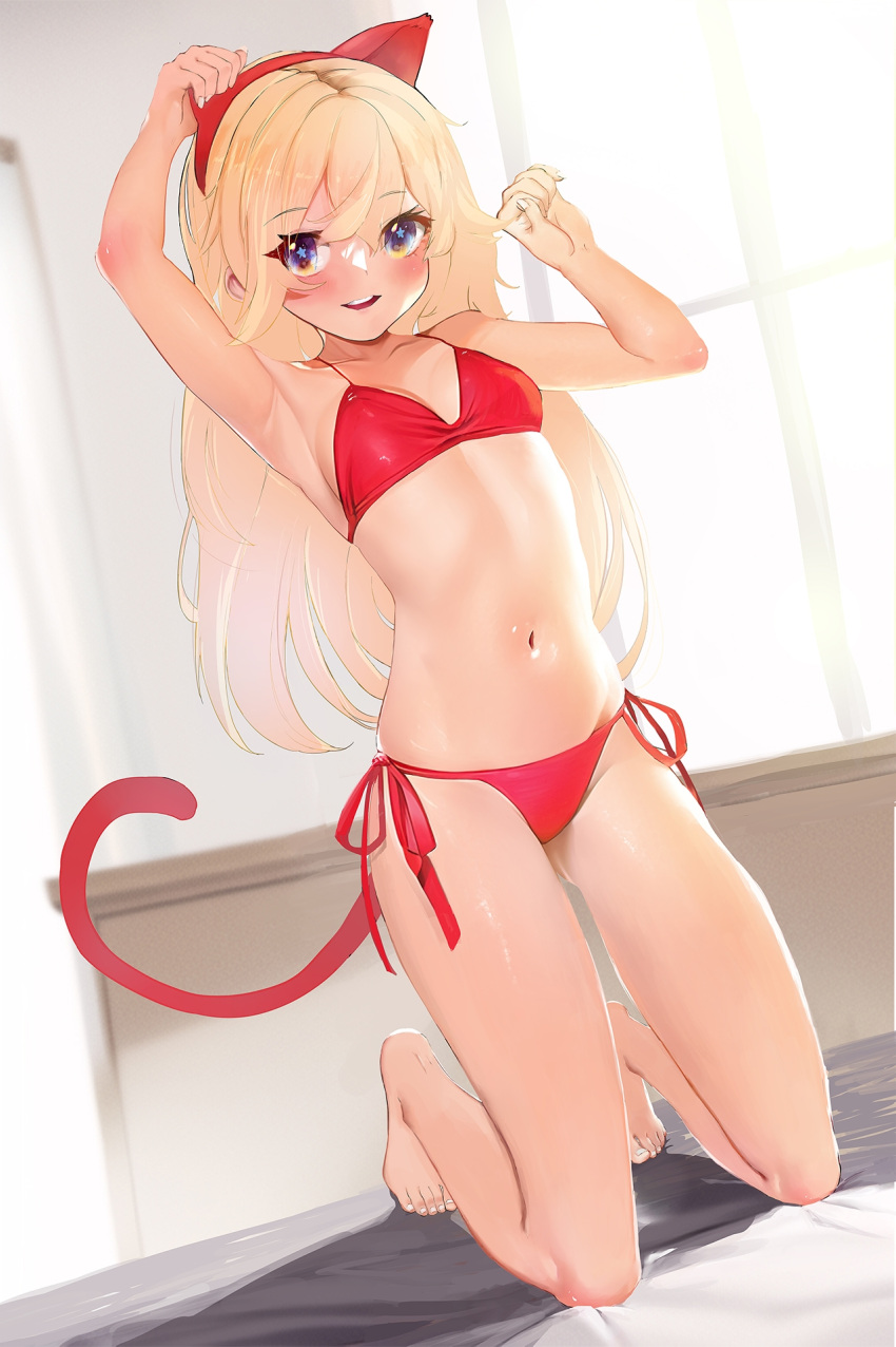 1girl animal_ears animal_hands barefoot bikini blonde_hair blue_eyes cat_ears cat_tail celtie_(world_flipper) commentary_request fat_cat female_child flat_chest gloves highres kneeling long_hair looking_at_viewer paw_gloves red_bikini side-tie_bikini_bottom solo swimsuit tail thighs world_flipper