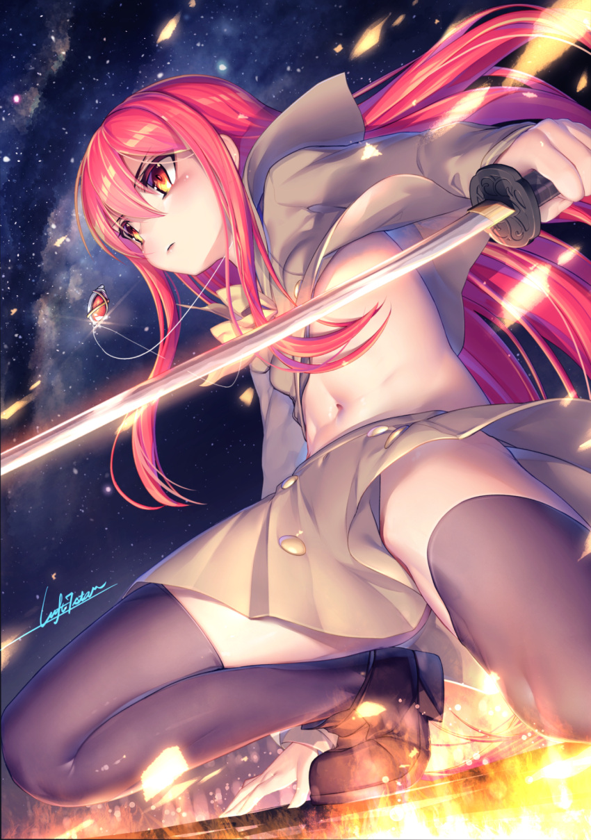 1girl black_thighhighs brown_footwear highres holding holding_sword holding_weapon katana loafers long_hair looking_at_viewer luft7star navel red_eyes red_hair shakugan_no_shana shana shirt shoes short_sleeves skirt solo sword thighhighs very_long_hair weapon