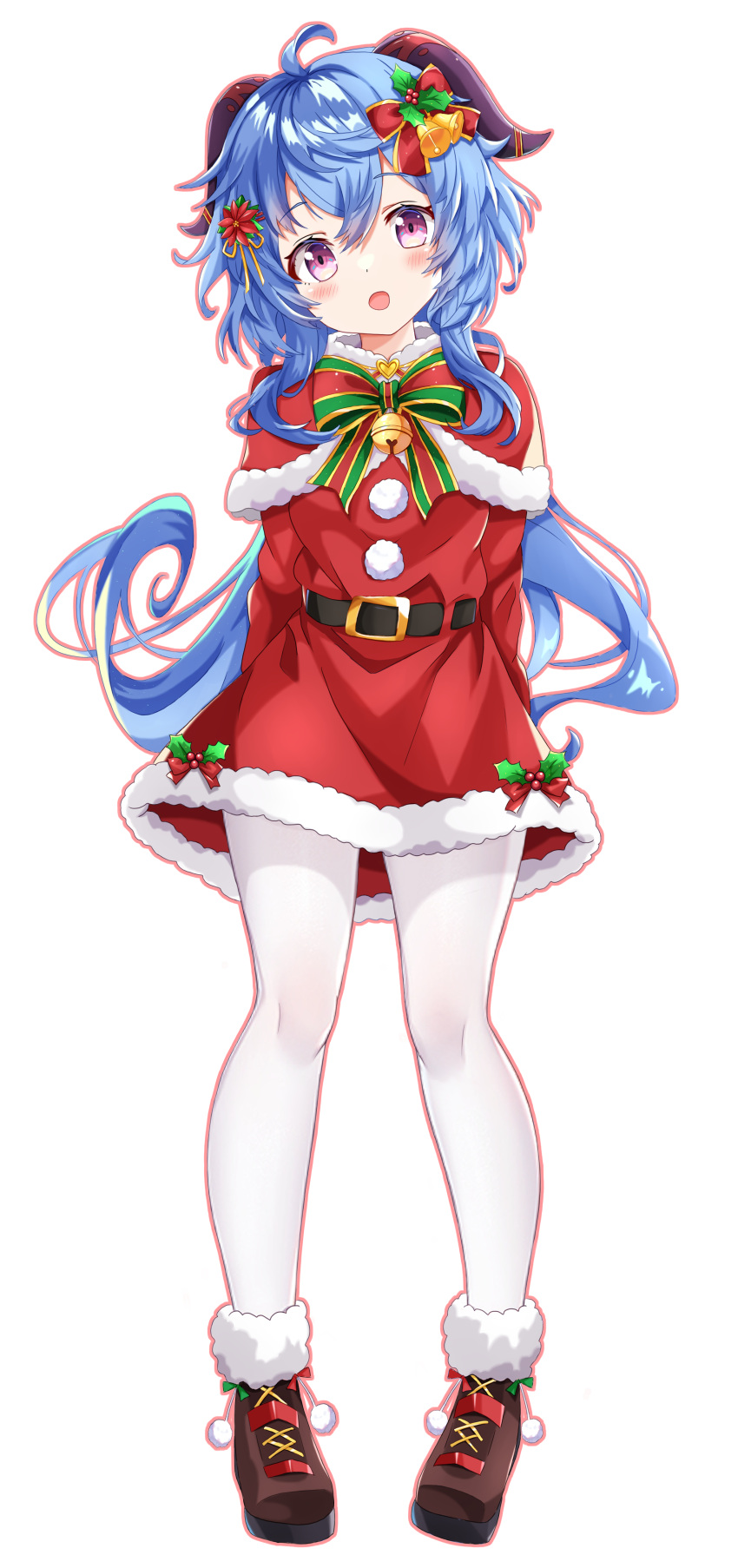 1girl absurdres aged_down arms_behind_back bell blue_hair blush boots capelet christmas full_body fur_trim ganyu_(genshin_impact) genshin_impact hair_ornament highres horns long_hair looking_at_viewer low_ponytail neck_bell open_mouth pantyhose purple_eyes red_capelet red_skirt santa_costume skirt smile solo standing white_background white_pantyhose yuki_kokoro