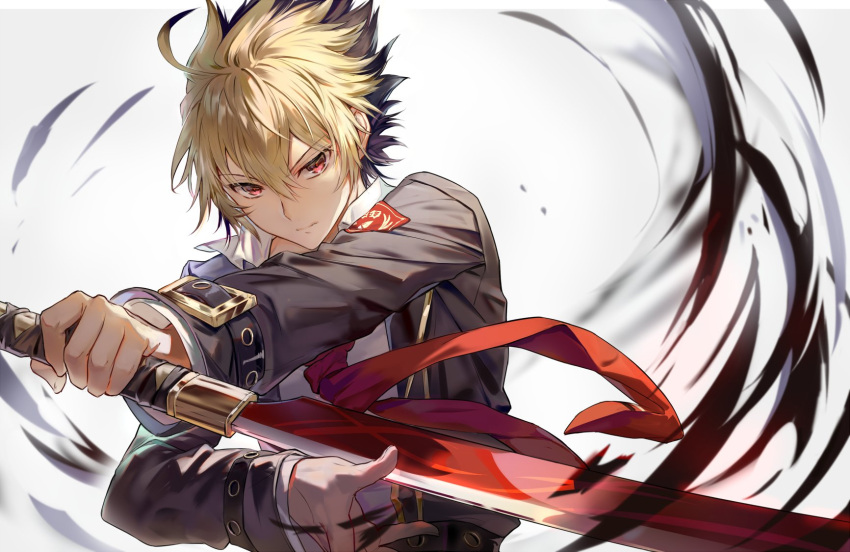 1boy black_hair blonde_hair highres holding holding_sword holding_weapon hyde_(under_night_in-birth) multicolored_hair necktie qitoli red_eyes school_uniform solo spiked_hair sword under_night_in-birth weapon white_background