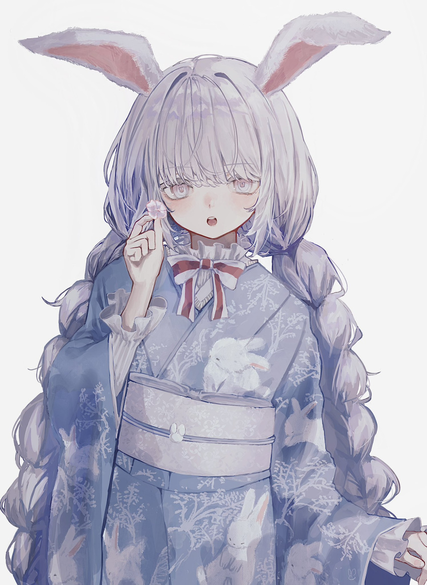 1girl :o animal_ears animal_print bangs blue_kimono bow bowtie braid bunny_print flower frilled_sleeves frills highres holding holding_flower japanese_clothes kimono long_hair long_sleeves looking_at_viewer obi open_mouth original rabbit_ears sash shou_(mori_boro) simple_background solo straight-on teeth tree_print twintails upper_body upper_teeth_only white_background white_eyes white_hair