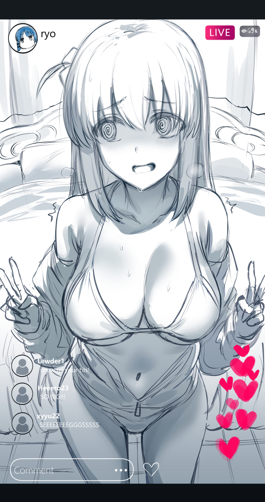 1girl bangs bare_shoulders bikini blush bocchi_the_rock! breasts chat_log cleavage collarbone cube_hair_ornament gotou_hitori hair_between_eyes hair_ornament hews highres jacket large_breasts long_hair one_side_up open_mouth sketch solo swimsuit thighs track_jacket